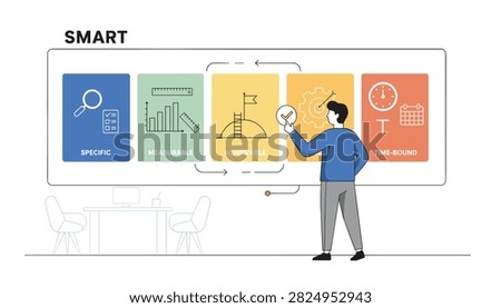 Corporate businessman plans project goals using the SMART objectives framework on an office presentation whiteboard.