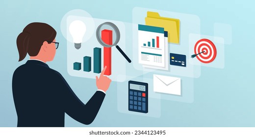 Corporate businesswoman interacting with virtual screen interfaces, she is checking financial reports and investments: business, finance and technology concept