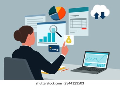 Corporate businesswoman interacting with virtual screen interfaces, she is checking financial reports and investments: business, finance and technology concept