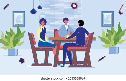 Corporate Cafeteria or Refreshment Room Interior Background with Company Staff Communicating on Lunch Break. Business Team Colleagues Unity and Productivity. Flat Cartoon Vector Illustration.