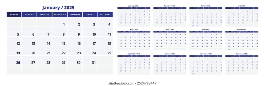 Conjunto de modelos de planejador do Calendário Corporativo 2025, apresentando um projeto de calendário anual com semanas começando na segunda-feira