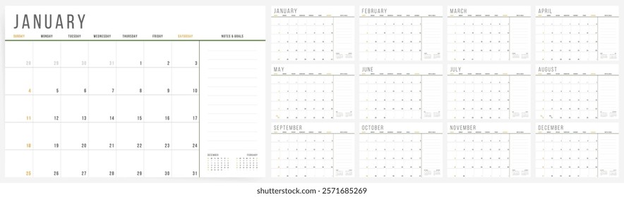 Corporate Calendar Template for 2026, Green Calendar Pages for 12 months of 2026, Calendar 2026 Sunday Start Green Accent Minimal Planner Template