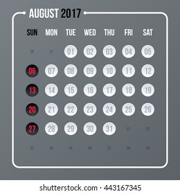 Corporate calendar template on neutral gray background. 2017 year, month august.