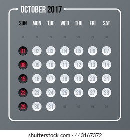 Corporate calendar template on neutral gray background. 2017 year, month october.