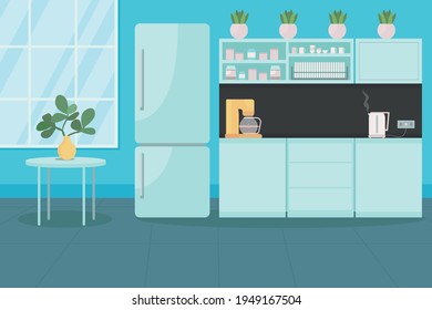 Corporate Canteen Flat Color Vector Illustration. Coffee Break At Work. Fridge And Coffee Machine On Cabinet. Room For Employees. Workplace 2D Cartoon Interior With Furniture On Background