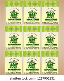 Corporate card collection with three alien Martians logo. Funny colorful cartoon alien with green stars