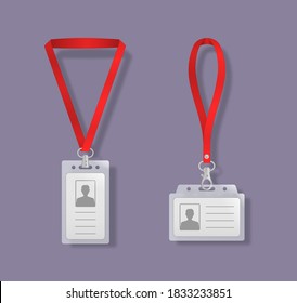 Corporate card key, personal security badge, press event pass template. Professional identification card holders with laces. Blank plastic access badge, name tag holder with pin ribbon. Vector.