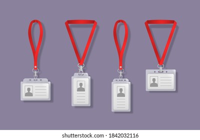 Corporate card key, personal security badge, press event pass template. Professional identification card holders with laces. Blank plastic access badge, name tag holder with pin ribbon. Vector.