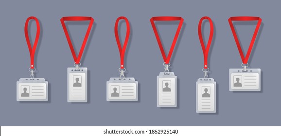 Corporate card key, personal security badge, press event pass template. Professional identification card holders with laces. Blank plastic access badge, name tag holder with pin ribbon. Vector.