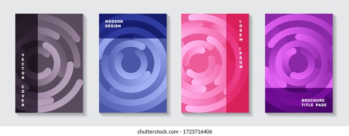 Corporate catalog title pages design. Digital flyer circles swirl vector backdrops. Aim goal achievement circles concept. Flat brochure front pages mockups.