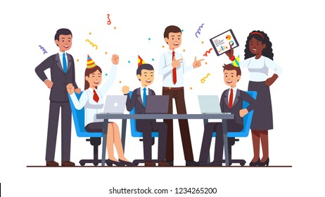 Corporate celebration party meeting. Business people man & woman celebrating project success sitting, standing at conference table with laptops and tablet pc. Flat cartoon vector isolated illustration