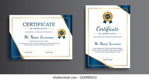 Corporate certificate of achievement template, gold and blue color. Clean modern certificate with gold badge. Certificate template with luxury and modern line pattern. Diploma vector template