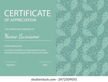 Corporate certificate of appreciation template. Modern certificate with flourish green elements.