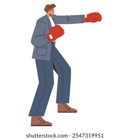 Corporate challenge concept. A businessman in a suit wearing boxing gloves aims a punch. Competitive spirit in business strategy. Vector illustration.