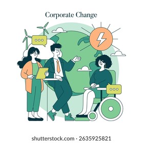 Corporate change and sustainability focus. Illustration shows diverse individuals discussing eco-friendly practices near windmills and a globe. Promotes awareness and dialogue on environmental issues