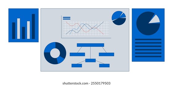 Carteles de gráficos Corporativas Conjunto de objetos de dibujos animados 2D. Diagramas de análisis. Páginas de presentación de Elementos analíticos Clipart de Vector plano aislados sobre fondo blanco. Colección de ilustraciones de punto