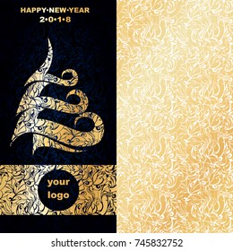 corporate Christmas card of 2018 with a gold abstract Christmas tree and space for a logo on a dark blue background with Indigo