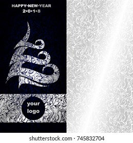 corporate Christmas card of 2018 with a silver abstract Christmas tree and space for a logo on a dark blue background with Indigo