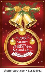 Corporate Christmas and New Year card 2016. Contains baubles, golden ribbon, pine branches, jingle bells. Print colors used; custom size of a printable greeting card.
