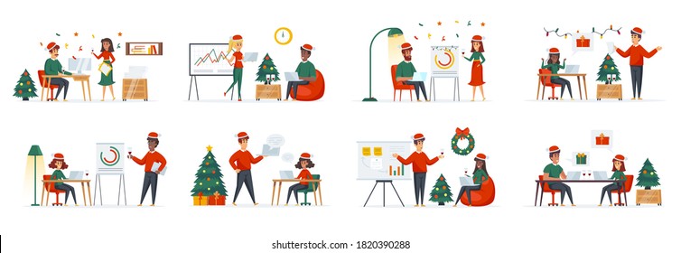 Conjunto de escenas de la época navideña corporativa con personajes de la gente. Colegas con sombreros de santa roja celebrando en situaciones de oficina. Feria de navidad y Feliz Año Nuevo ilustración vectorial de dibujos animados.