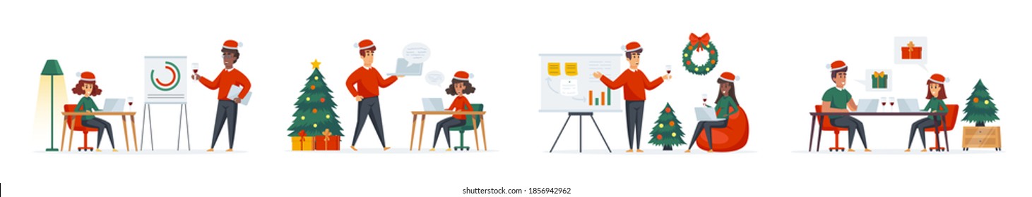 Corporate Christmas time bundle of scenes with people characters. Colleagues in red santa hats celebrating in office situations. Merry Xmas and Happy New Year holidays cartoon vector illustration.