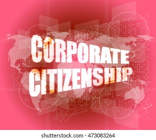 Corporate Citizenship Words On Digital Screen With World Map Vector Illustration