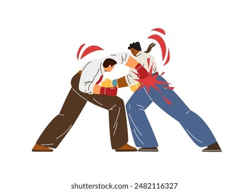 Corporate Clash: A vector scene showing men in suits and boxing gloves sparring. Businessmen boxers showing rivalry presented in flat design on isolated background.