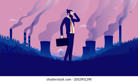 Corporate climate conscience - Businessman scratching head in front of polluted landscape, wondering about the consequences of his business. Vector illustration