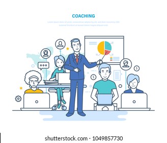 Corporate coaching, training, teaching business people, business learning, online education, distance learning. Staff training, professional development, knowledge. Illustration thin line design.