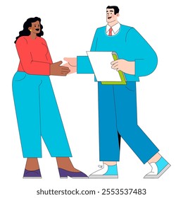 Corporate collaboration concept. Two business professionals engage in a productive discussion with document in hand. Professional attire and teamwork interaction. Vector illustration.