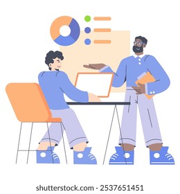 Das Konzept der Unternehmenszusammenarbeit. Zwei Fachleute, die eine Geschäftsdiskussion mit Diagrammen und einem Laptop führen. Teamarbeit, strategische Planung. Vektorgrafik.