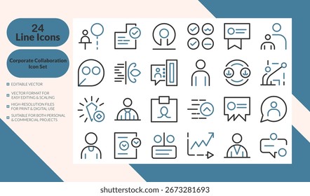 Conjunto de ícones da colaboração corporativa e do trabalho em equipe. Coleção mínima de ícones de estrutura de tópicos representando colaboração corporativa, trabalho em equipe, comunicação e parceria comercial. Perfeito para apresentação