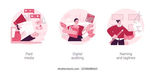 Corporate communication abstract concept vector illustration set. Paid media, digital auditing, naming and taglines, product slogan, copywriting service, social media post, article abstract metaphor.