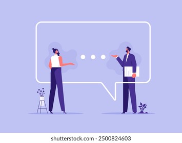 Corporate communication between coworkers concept, businessman and businesswoman having a dialog about work and business, solving some problems in work, brainstorm about new creative ideas