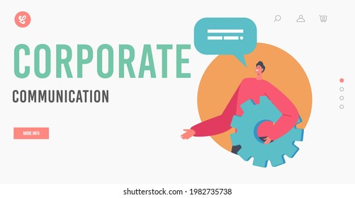 Corporate Communication Landing Page Template. Businessman Character Holding Huge Cogwheel with Speech Bubble. Company Employee Working Process, Client Technical Support. Cartoon Vector Illustration