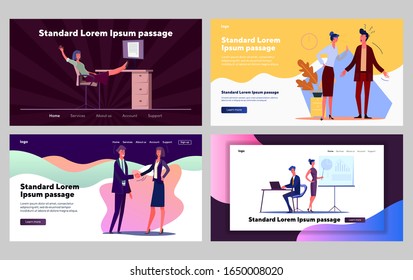 Corporate communication set. Lazy and hardworking managers working on projects. Flat vector illustrations. Business, efficiency concept for banner, website design or landing web page