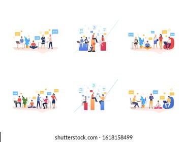 Corporate communication set. Team using smartphones, laptop chatting online, talking. Flat vector illustrations. Teamwork, work on project concept for banner, website design or landing web page