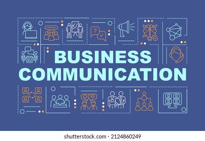 Corporate communication word concepts dark blue banner. Public relations. Infographics with linear icons on background. Isolated typography. Vector color illustration with text. Arial-Black font used