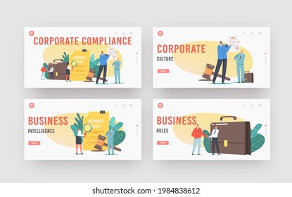 Corporate Compliance Rules Landing Page Template Set. Characters Read Representation of Business Laws, Regulations and Standards, Ethical Practices, Terms of Firm. Cartoon People Vector Illustration