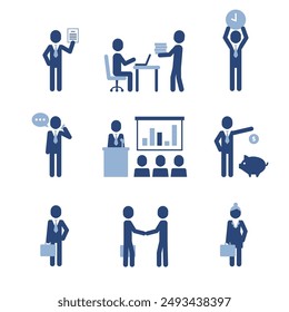 Corporate concept icon set. Simple blue pictograms with office characters isolated on white background.