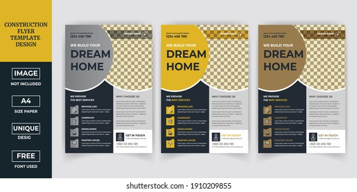 Plantilla de cubierta A4 de construcción corporativa e iconos planos para un diseño de folleto, volante, pancarta, folletos para impresión y presentación