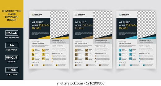 Plantilla de cubierta A4 de construcción corporativa e iconos planos para un diseño de folleto, volante, pancarta, folletos para impresión y presentación