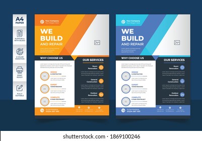 Corporate construction business flyer, brochure cover a4 template and annual report design decoration for printing and presentation vector file