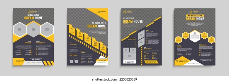 Corporate construction flyer A4 template, Construction Flyer Template, Flyer Design Set, Renovation Flyer Template, banner, leaflets decoration for printing.	