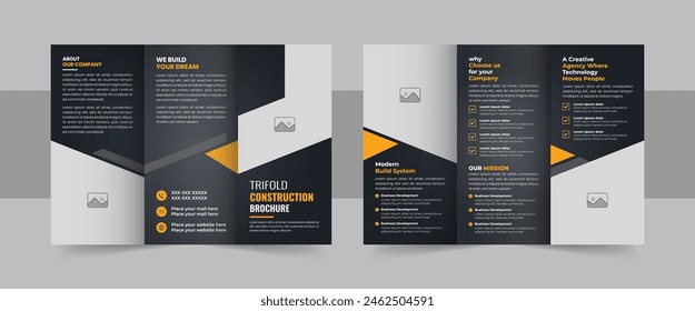 Corporate construction and home renovation trifold brochure design, Professional trifold brochure design vector. Construction trifold brochure template, Corporate construction brochure