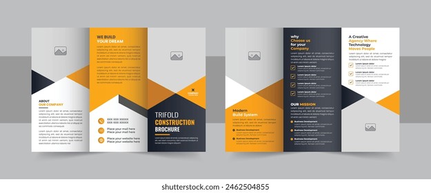 Corporate construction and home renovation trifold brochure design, Professional trifold brochure vector. Construction and renovation creative trifold brochure template design