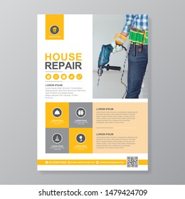 Corporate construction tools cover a4 template and flat icons for a report and brochure design, flyer, banner, leaflets decoration for printing and presentation vector illustration