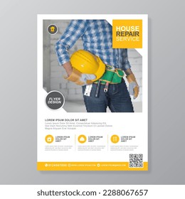 Die Bauwerkzeuge für Unternehmen decken eine4-Vorlage und flache Symbole für einen Bericht- und Broschürenentwurf, einen Flyer, Banner, Faltblätter für den Druck und die Darstellung von Vektorgrafik ab