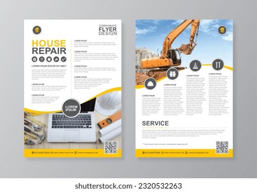 Corporate construction tools cover a4 template and flat icons for a report and brochure design, flyer, banner, leaflets decoration for printing and presentation vector illustration