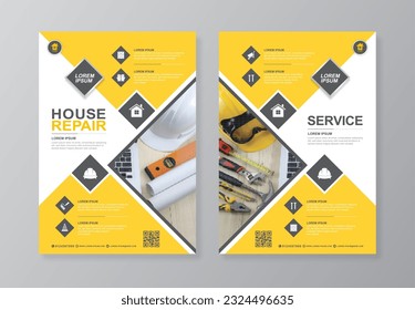 Corporate construction tools cover a4 template and flat icons for a report and brochure design, flyer, banner, leaflets decoration for printing and presentation vector illustration